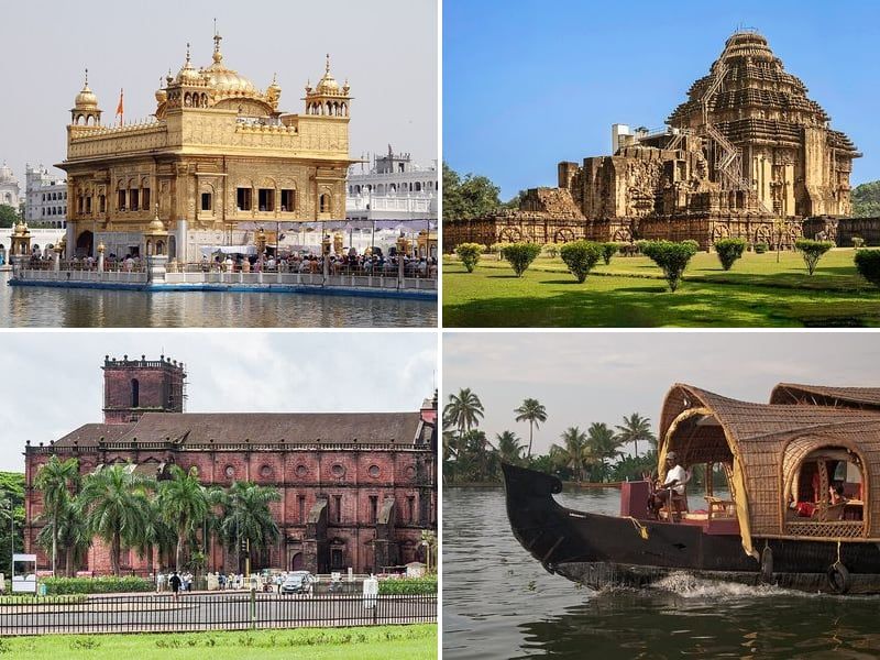 Golden Temple, Konark Sun Temple, Basilica of Bom Jesus and Kerala backwaters